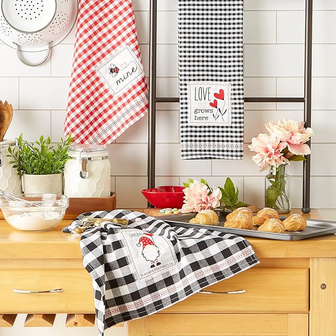 DII Valentine's Day Collection Kitchen, Dishtowel Set, 18x28, Love Grows Here Gingham, 3 Piece