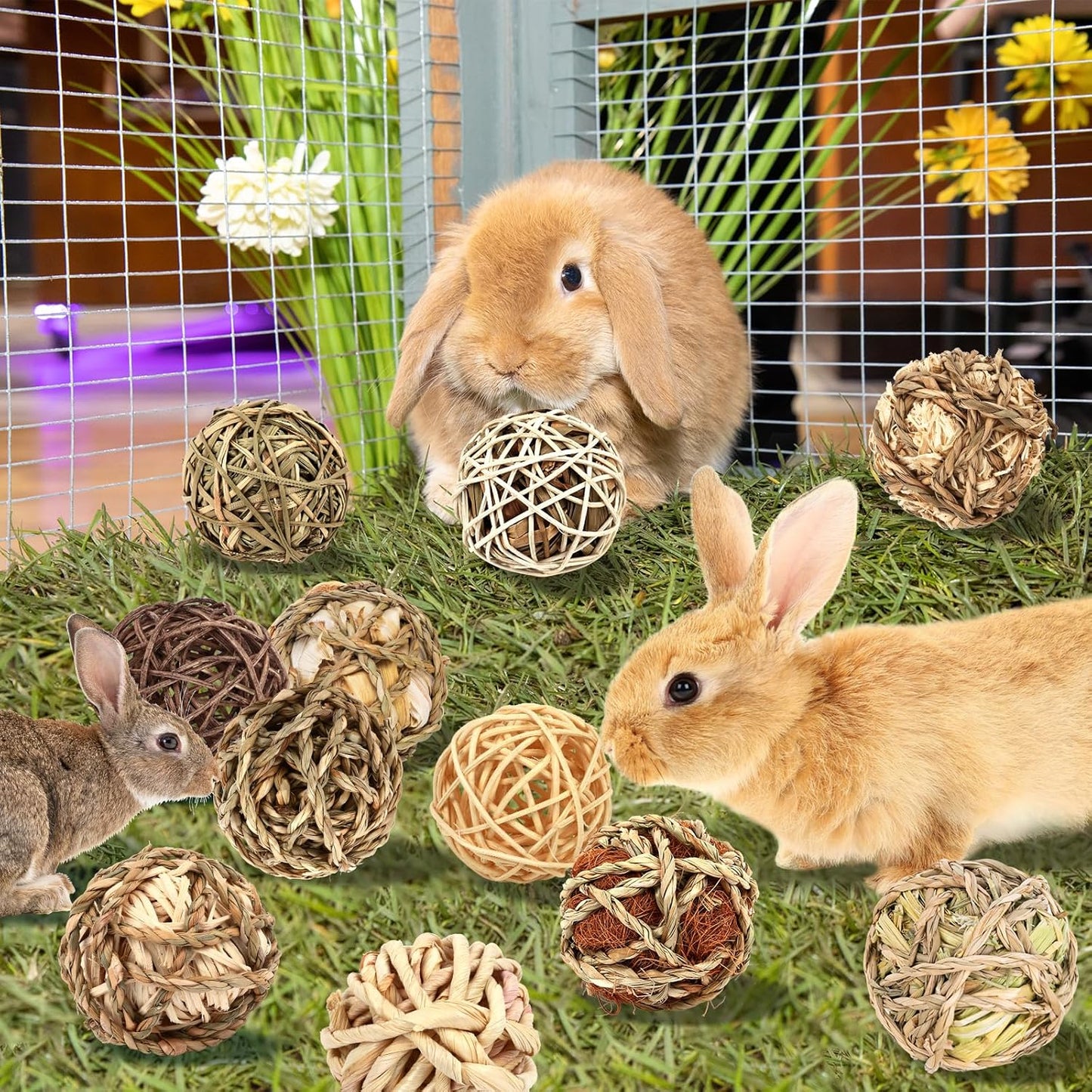 Bunny Chew Grass Balls, Rolling Chew Toys for Small Animals, Improving Dental Health, Natural Chew Grass Toys for Rabbits, Guinea Pigs, Chinchillas, Hamsters, Mice (16 Pcs)