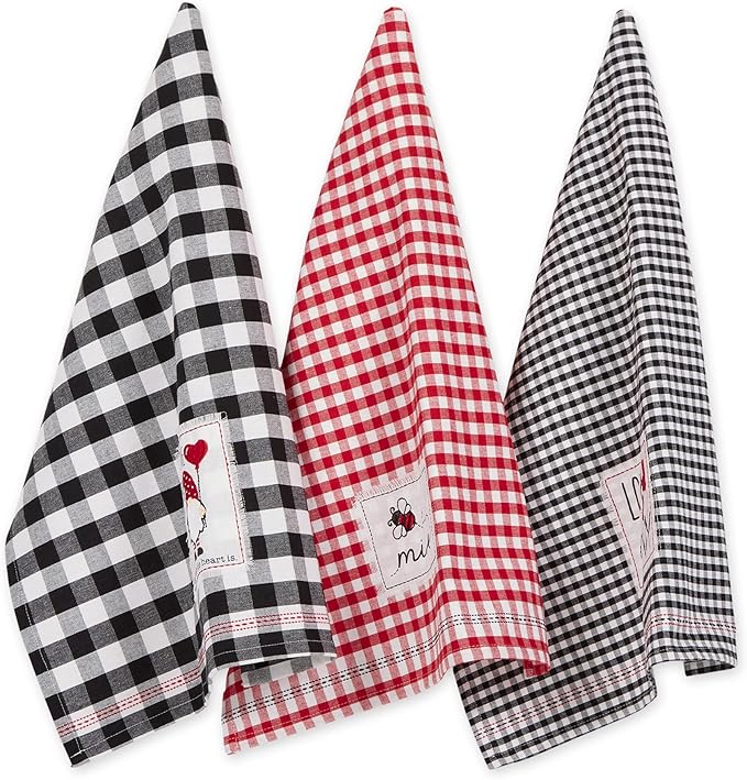 DII Valentine's Day Collection Kitchen, Dishtowel Set, 18x28, Love Grows Here Gingham, 3 Piece