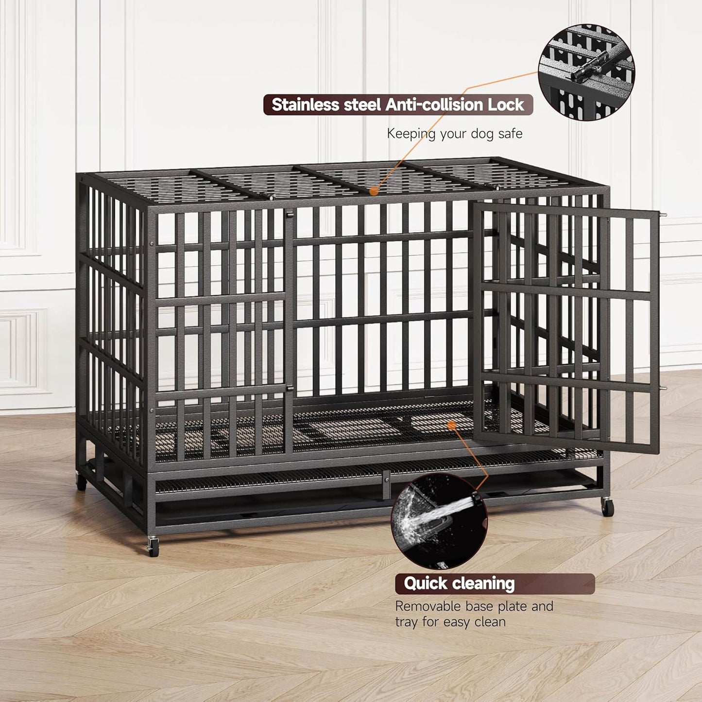 48 Inch Heavy Duty Indestructible Dog Crate Steel Escape Proof, High Anxiety Cage, Kennel with Wheels, Removable Tray, Extra Large XL XXL