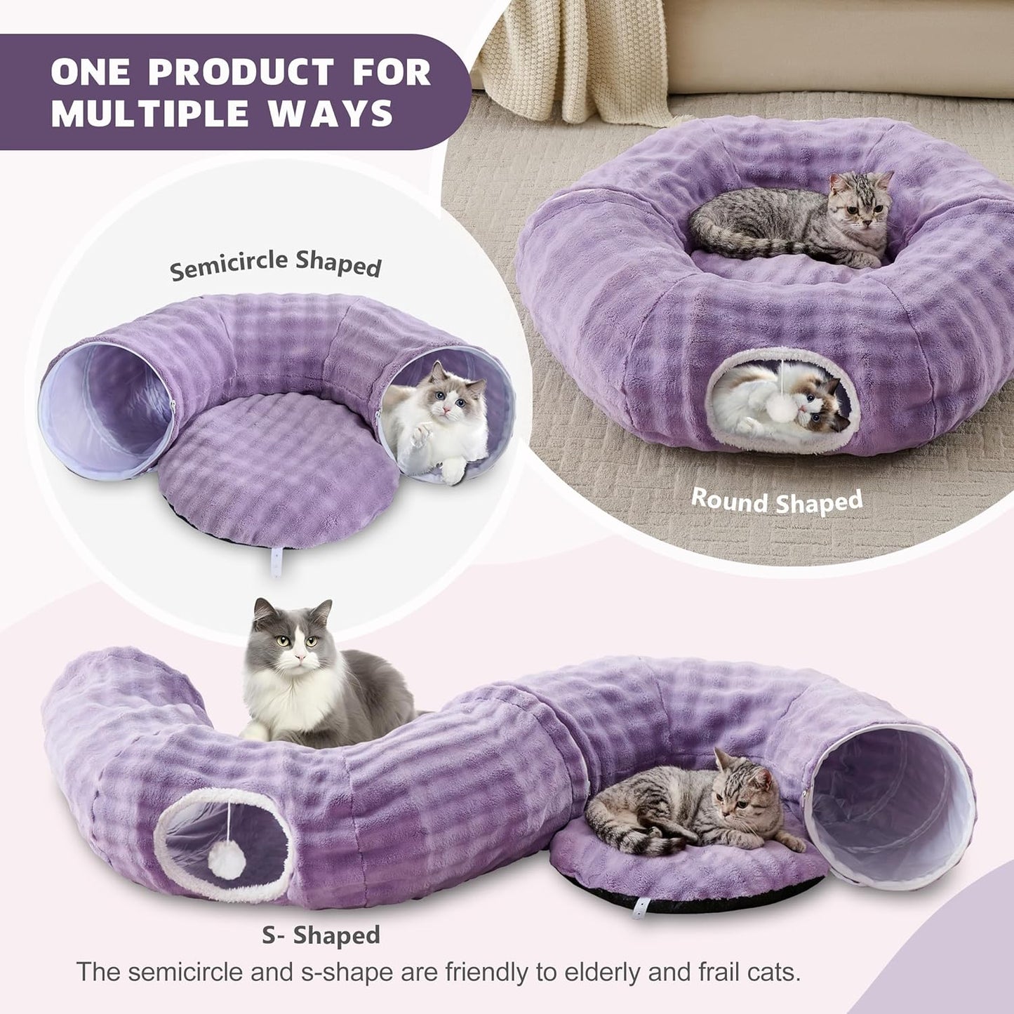 Bubble Cat Tunnel for Indoor Cats, Round Peekaboo Cave Toy with Dangling Balls, Donut Tunnel Bed with Circle Mat for Puppy Kitten Rabbit, Dusty Purple