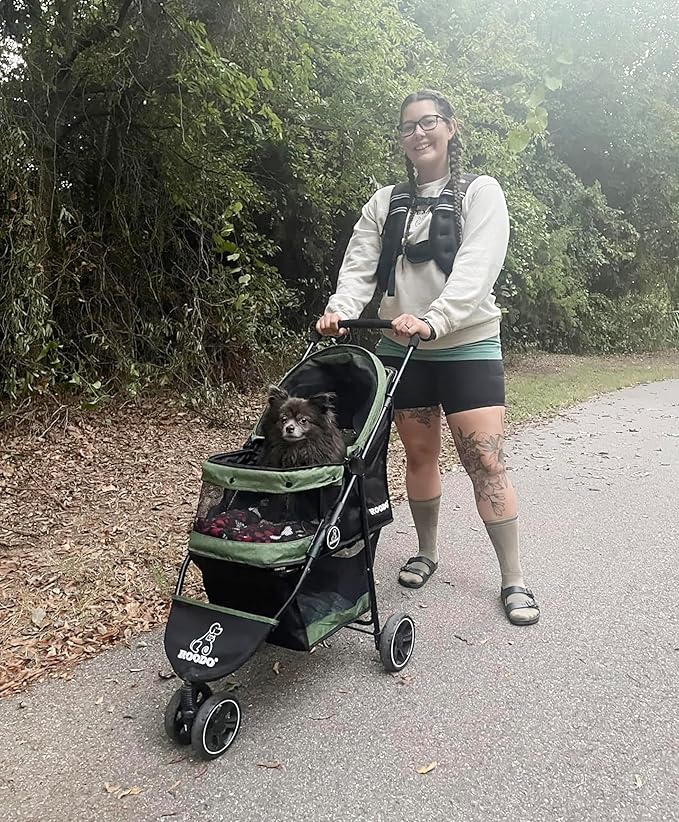 ROODO 3 Wheel Pet Stroller Best Lightweight Foldable Compact Portable Jogger All Terrain Travel Pet Gear Puppy Kitty Stroller for up to 30lbs Medium Small Dogs and Cats(Green)