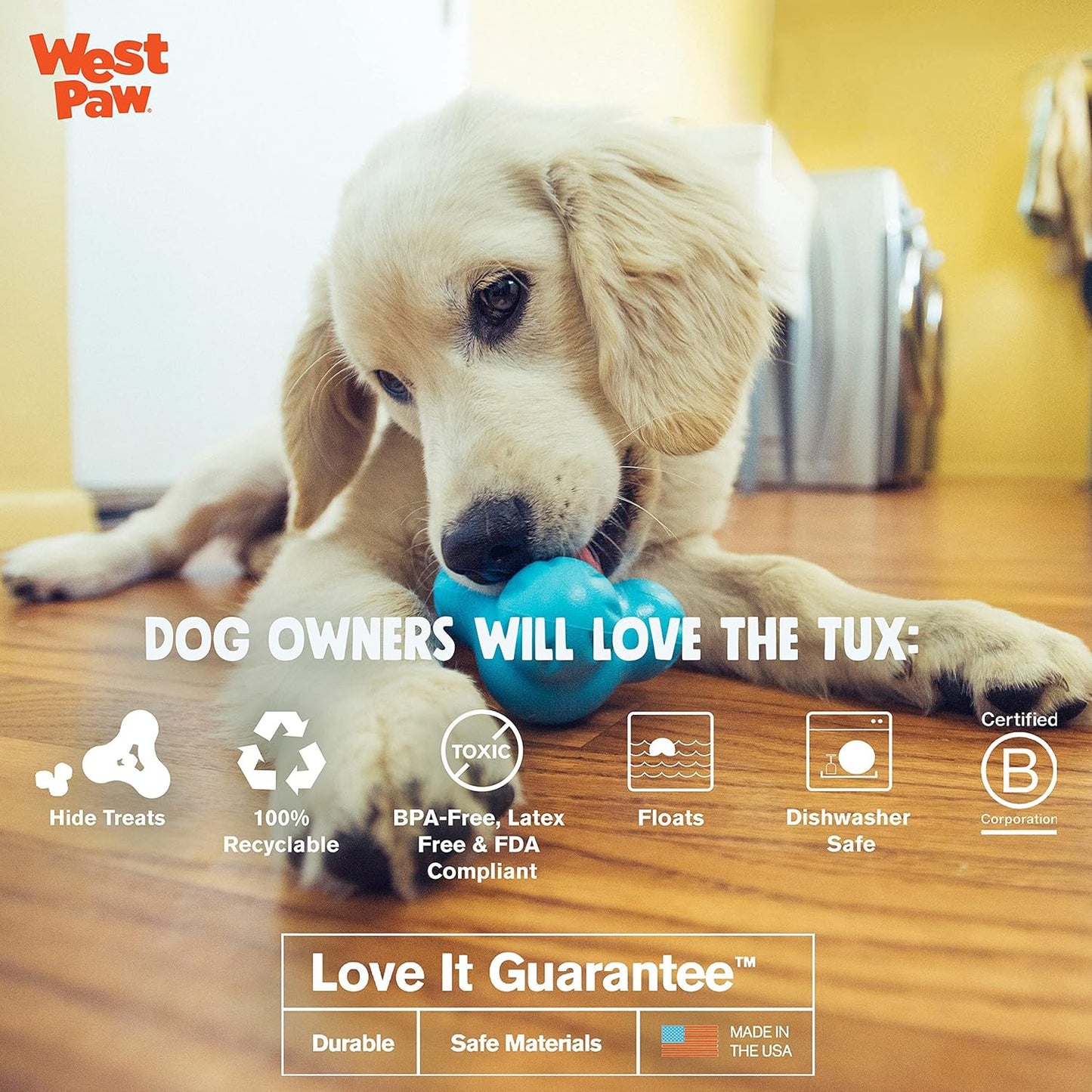 West Paw Zogoflex Tux Interactive Treat Dispensing Dog Chew Toy for Aggressive Chewers, 100% Guaranteed Tough, It Floats!, Made in USA, Small, Tangerine