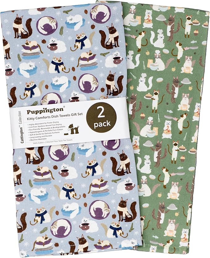 Cattington Kitchen Towels & Cat Decor - Gifts for Cat Lovers & Women - Tea Towel Set 2-Pack (Kitty Comforts Cozy Cooks)