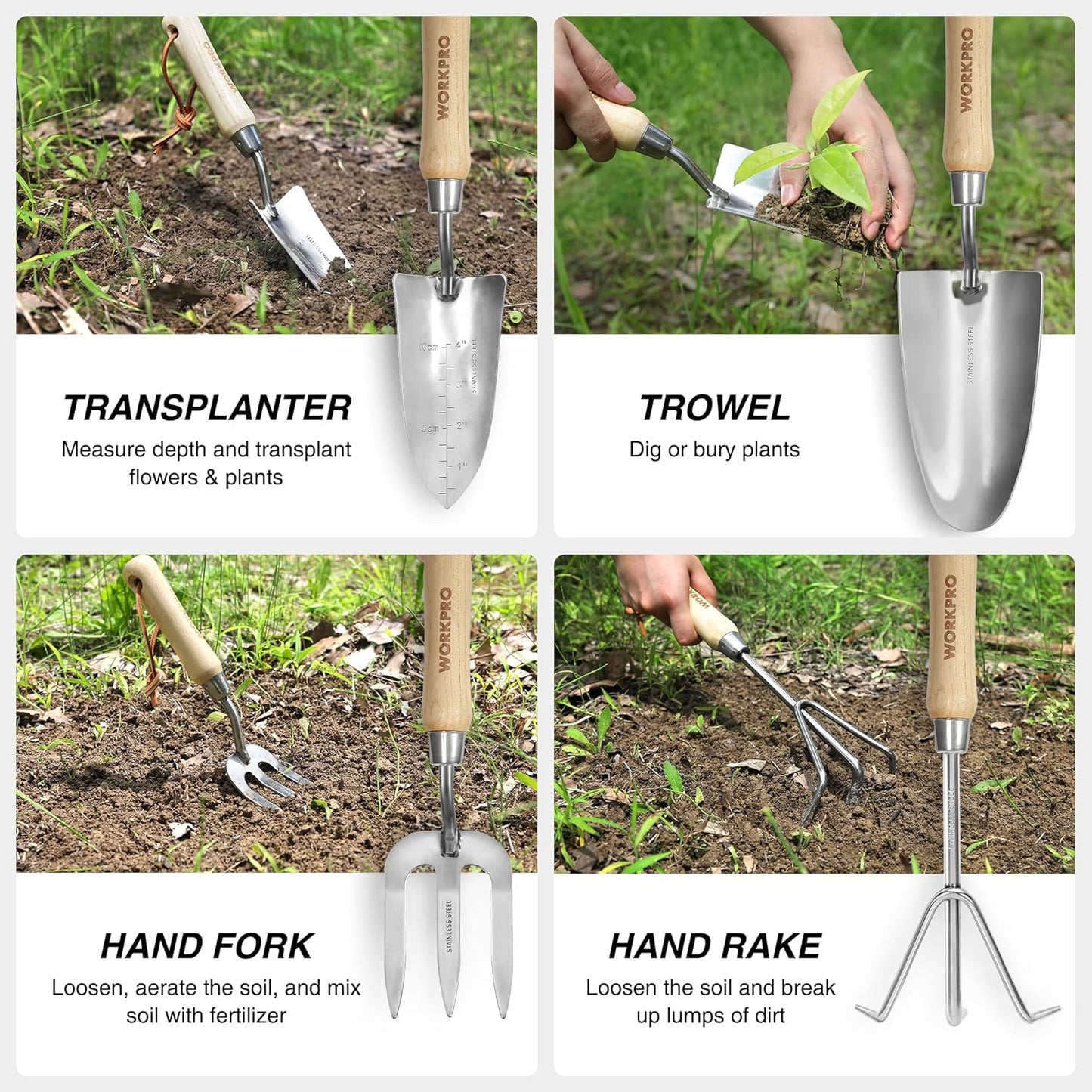 WORKPRO 8-Piece Pink Garden Tool Set, Stainless Steel Gardening Tools with Wood Handle, Including Garden Tote, Gloves, Trowel, Hand Weeder, Cultivator and More, Gardening Gifts For Women - Pink Ribbon