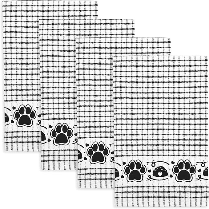 Cackleberry Home Paw Prints Terrycloth Kitchen Towels Windowpane Check Fabric, Set of 4 (Black)