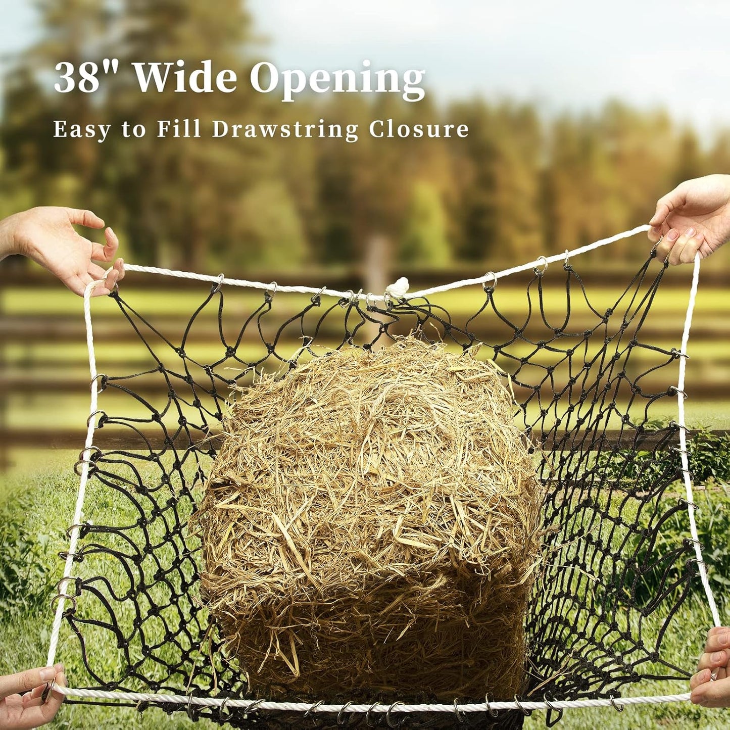 Bloomoak Slow Hay Net Feeder for Horses, Durable Soft Black PE 2/3 String Hay Bales Bags, Fit 36x18x18 to 47x25x17 Inches, Extends 50-64 Inches (3 1.6" Hole/1PC)