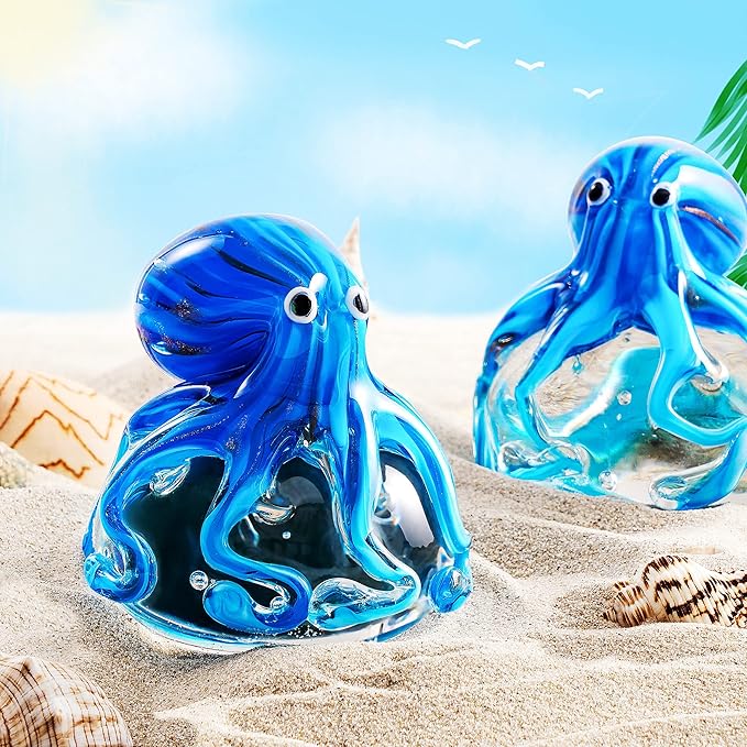 EUSTUMA Hand Blown Glass Octopus Figurine Ornament,Sea Animal Ornament for Fish Tank Aquarium,Sea Animals Collection for Birthday Gift,Glass Office Paperweight for Desk.