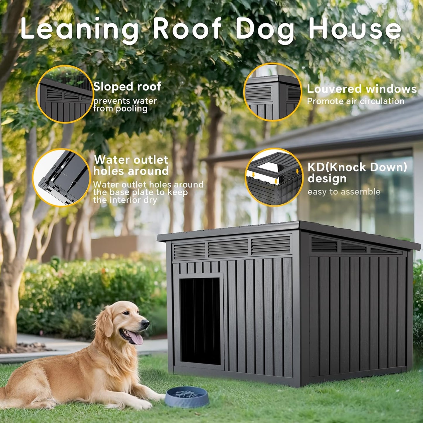 Dog House Indoor Outdoor,Resin Waterproof Puppy Shelter with Air Vents and Elevated Floor,Air Rod on Top to Open,Dog Kennel for Small to Medium Dogs(Black,32.2 * 25.12 * 24.13)