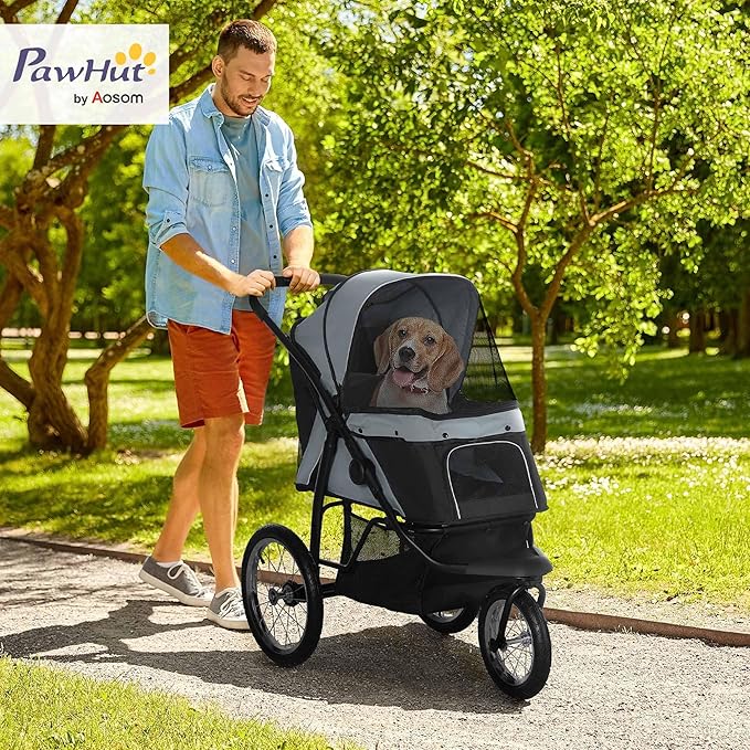 PawHut 3 Wheels Pet Stroller for Small and Medium Dogs, Foldable Cat Stroller Jogger with Adjustable Canopy, Safety Tether, Cushion, Storage Basket, Gray