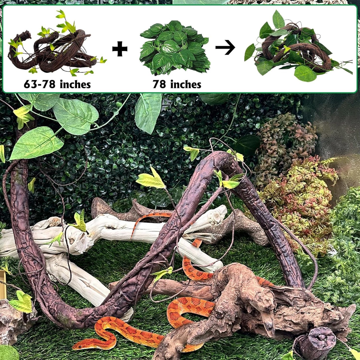 VCEPJH Extra Large Reptile Vines Thick Terrarium Plants 78 Inches Long Flexible Climbing Branch with Leaves Snake Tank Accessories Greenery Habitat Decor for Bearded Dragon Chameleon Gecko Lizard