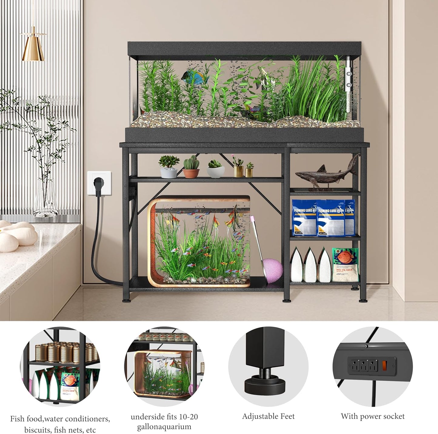 40-50 Gallon Fish Tank Stand: Heavy Duty Aquarium Stand with Power Outlets and Cabinet for Fish Tank Accessories Storage - Metal Frame, 1000LBS Capacity, Suitable for Fish & Reptile Terrariums
