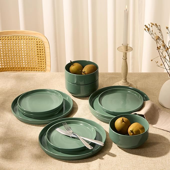 Ceramic Dinnerware Set, 12-Piece Service for 4, Round, Microwave and Dishwasher Safe, Cambridge Classics (Dusty Jade)