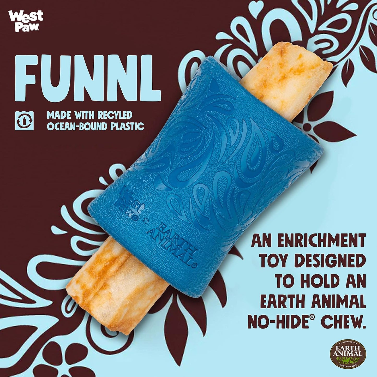 WEST PAW Funnl Dog Chew Toy - Interactive Treat Toys for Dogs - Toy Fillable with Earth Animal No-Hide Chews - Large 4.25" Marine | Made in USA