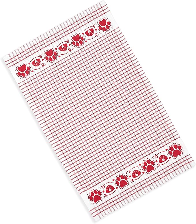 Cackleberry Home Paw Prints Terrycloth Kitchen Towels Windowpane Check Fabric, Set of 4 (Red)