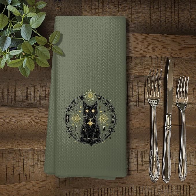 Mystical Black Cat Kitchen Towels, Boho Witchy Celestial Dish Tea Towels for Kitchen Decor, Magic Witch Astrology Black Cat Kitten Hand Towels for Bathroom Decor, 16x24 Inch