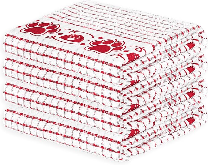 Cackleberry Home Paw Prints Terrycloth Kitchen Towels Windowpane Check Fabric, Set of 4 (Red)