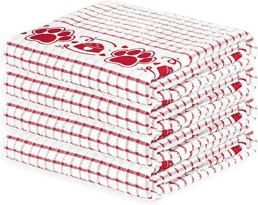 Cackleberry Home Paw Prints Terrycloth Kitchen Towels Windowpane Check Fabric, Set of 4 (Red)