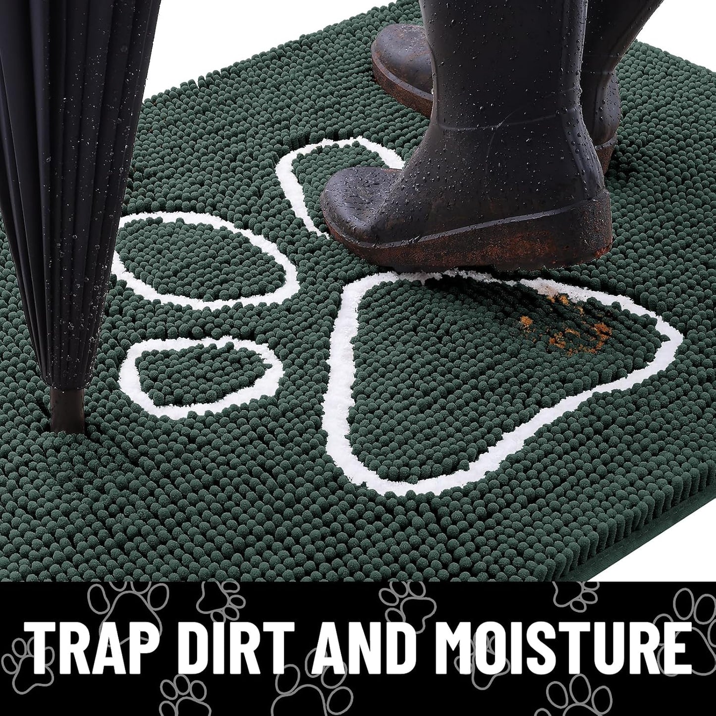 Smiry Dog Door Mat for Muddy Paws, Absorbent Dirt Trapper Non Slip Quick Dry Washable Chenille Mat for Mud Dogs, Entry Rug for Indoor and Outdoor (40x32 Inches, Green)