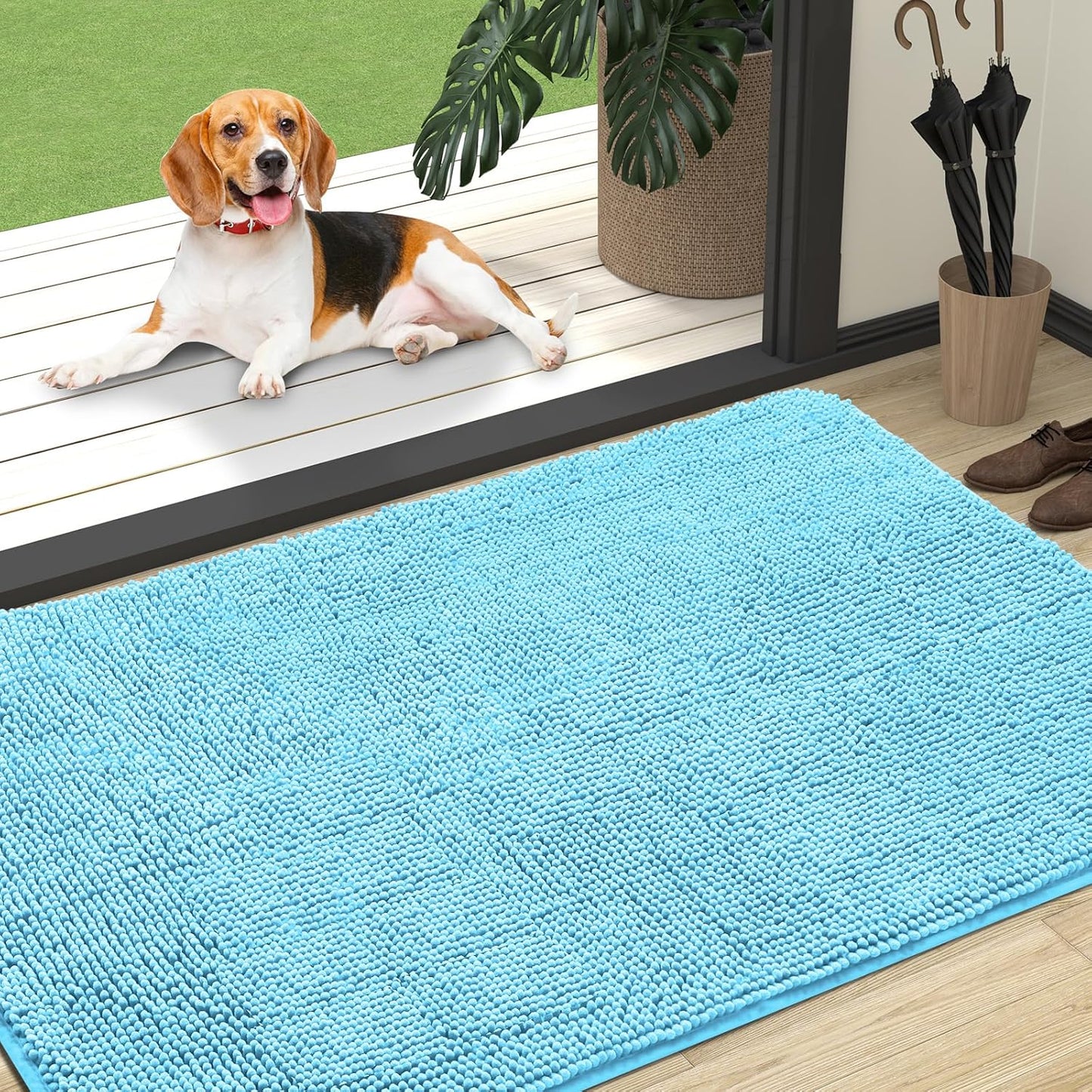 OLANLY Dog Door Mat for Muddy Paws 47x32, Absorbs Moisture and Dirt, Absorbent Non-Slip Washable Doormat, Quick Dry Chenille Mud Mat for Dogs, Entry Indoor Entryway Carpet for Inside Floor, Blue