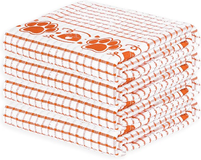 Cackleberry Home Paw Prints Terrycloth Kitchen Towels Windowpane Check Fabric, Set of 4 (Orange)