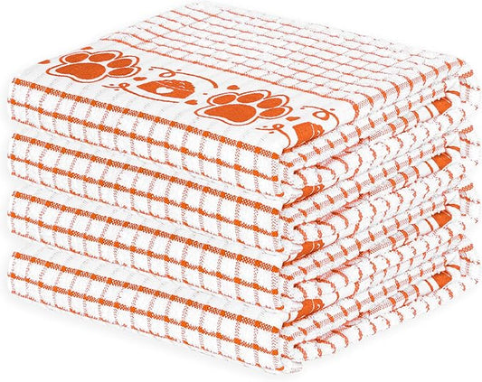Cackleberry Home Paw Prints Terrycloth Kitchen Towels Windowpane Check Fabric, Set of 4 (Orange)