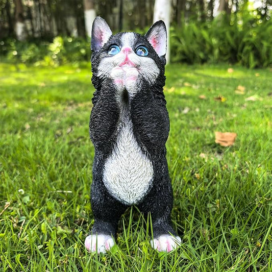 Playful Cat Statue Kitten Sculpture for Garden,Black & White Cat Figurine Decorative for Patio,Cute Outdoor Fairy Flower Bed Lawn Yard Ornament
