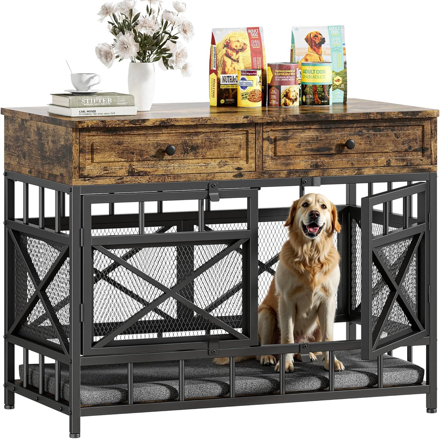 IRONCK 44 inch Large Dog Crate Furniture, Wooden Dog Kennel with Storage Drawers for Medium/Large Dogs, Decorative Dogs Kennel Indoor, Rustic Brown