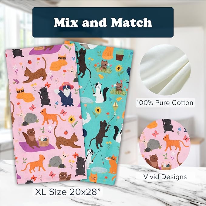Cattington Cat Kitchen Towels Spring Decor for Home - Dish Towels & Cat Decor for Cat Lovers - Gardening Gifts for Women - Cat Mom Gifts for Gardeners 2-Pack (Whiskers & Bloom)