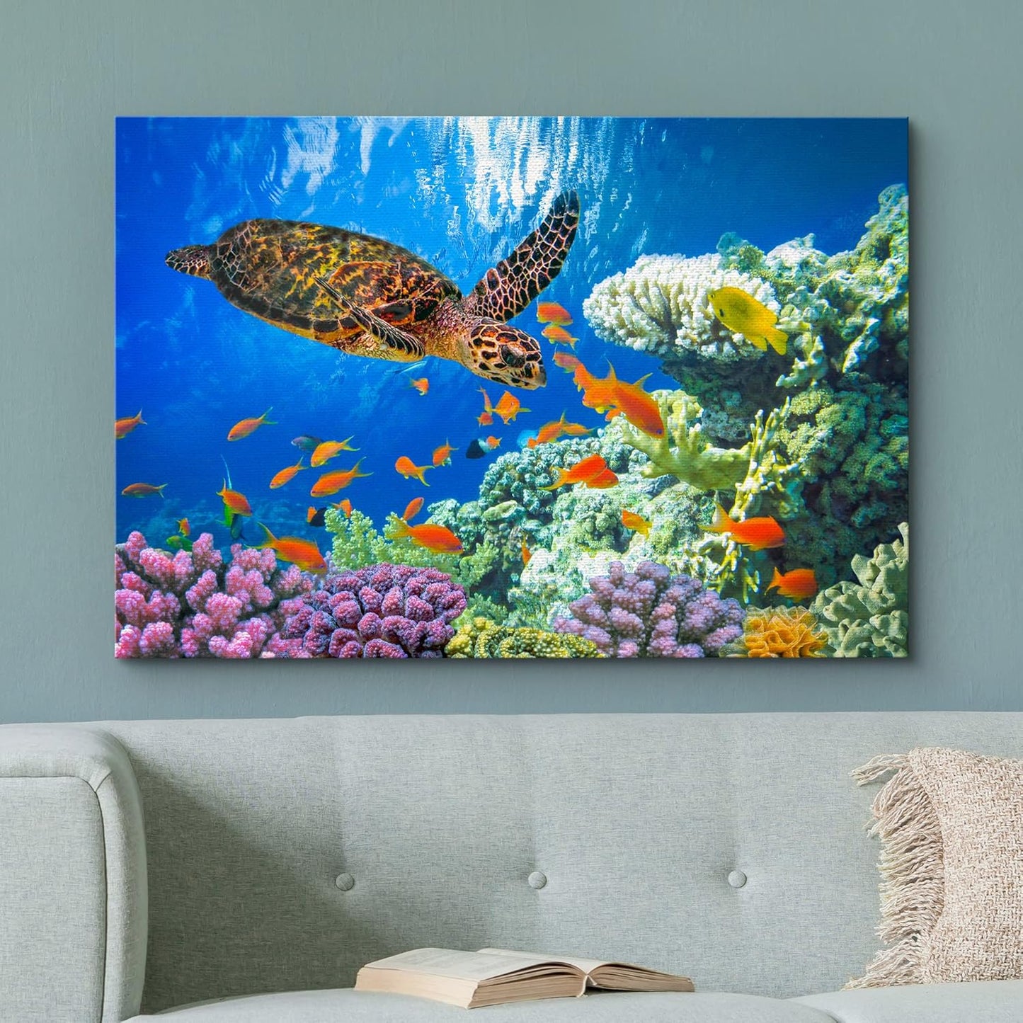 wall26 Canvas Print Wall Art Vibrant Neon Underwater Turtle, Reef & Fish Nature Animals Photography Realism Rustic Scenic Landscape Wilderness Colorful for Living Room, Bedroom, Office - 16"x24"