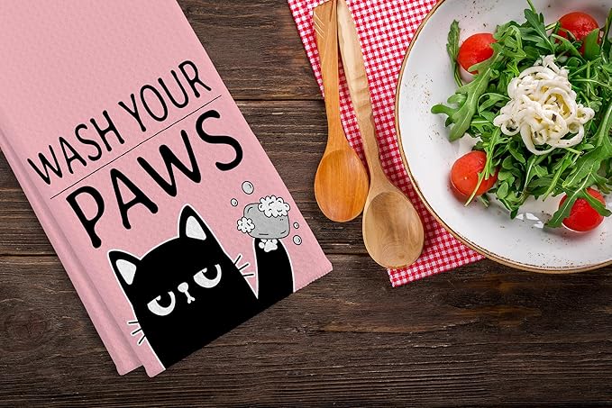 QIYUHOY Kitchen Towels and Dishcloths, 'Wash Your Paws', Cat Theme Gifts for Cat Lovers, Hand Towels, 24x16 Inch (Pink)