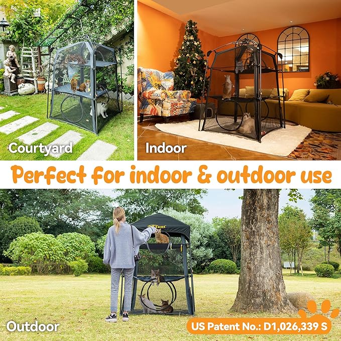 X-Large Catio Outdoor Cat Enclosure and Cat Tower Tent for Indoors and Outdoor,3 Tier Spacious Cat Tent,Portable and Foldable Catio,Two Doors Design can Assemble More Shapes (Patented)