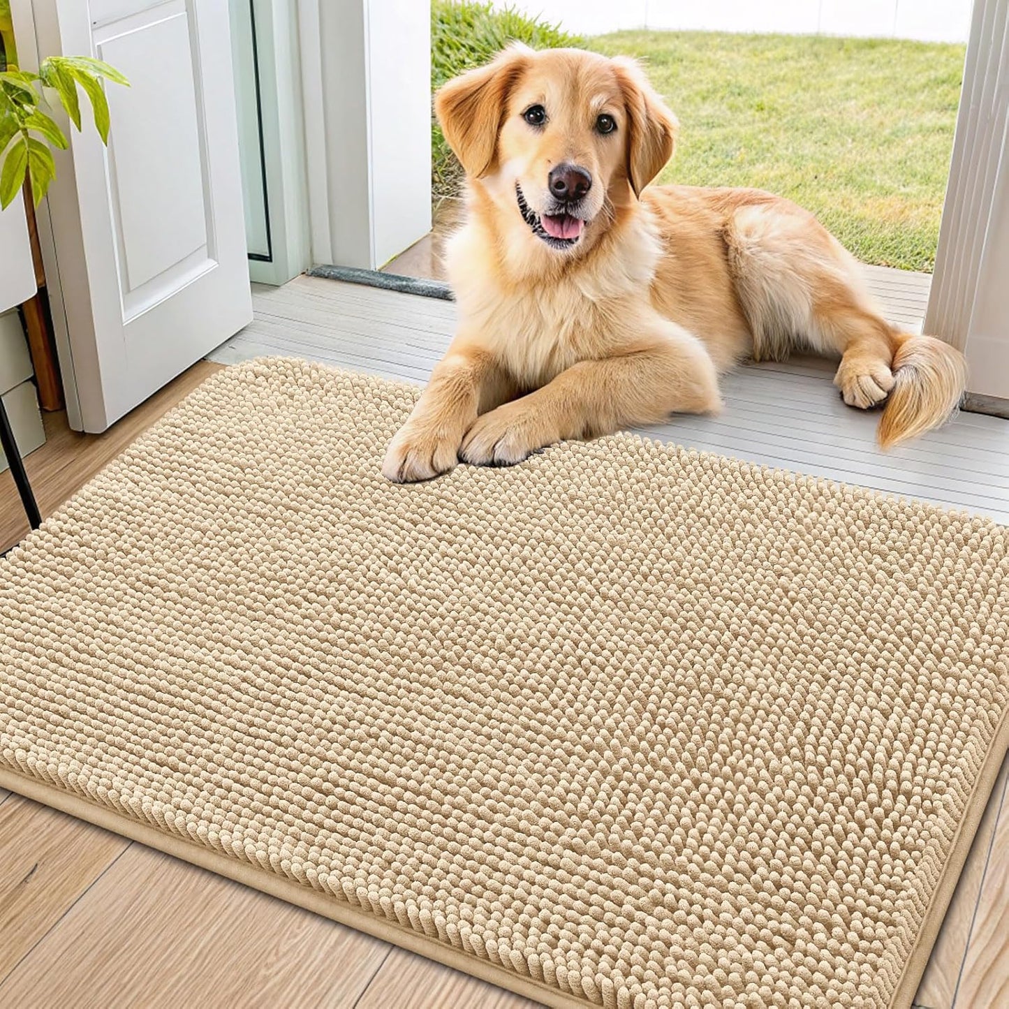Smiry Dog Door Mat for Muddy Paws 40x24, Absorbs Moisture and Dirt Doormat, Non-Slip Washable Quick Dry Chenille Front Door Mat Indoor Entrance, Entryway Carpet for Inside Floor, Beige