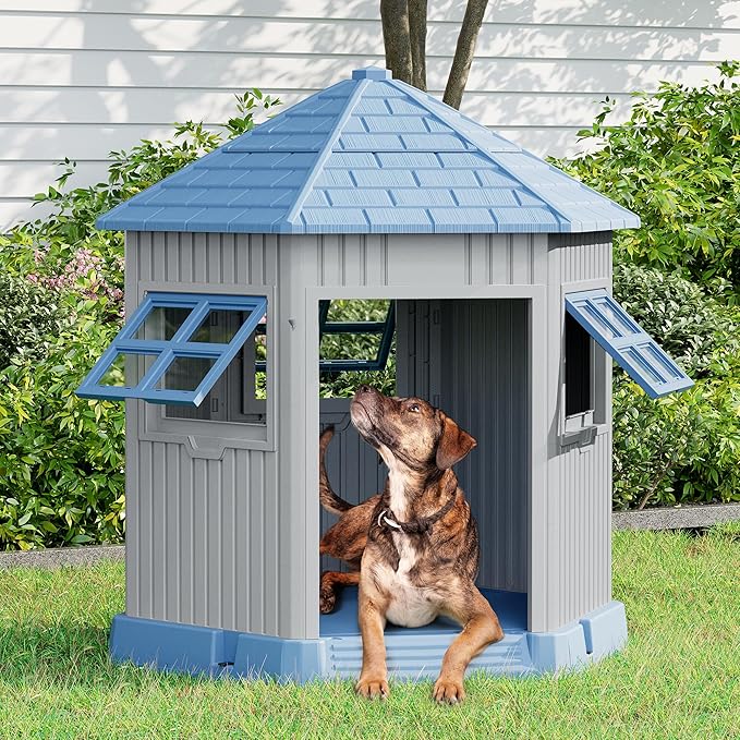 Durable Dog House Indoor Outdoor for Small Medium Dogs, Weatherproof Puppy Shelter with Elevated Floor & Air Vents, Easy Clean and Assemble (Blue, 36.61L*29.5W*37.4H)