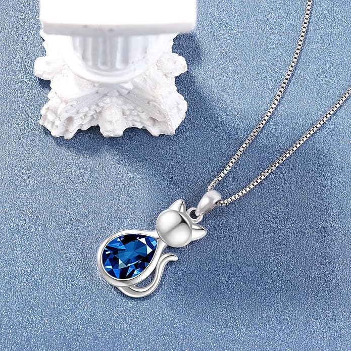 Odinstone Cat Birthstone Necklaces Jewelry Sterling Silver Cat Pendant Necklace Gift for Women Gifts, 18'' Silver Box Chain Women's Birthstone Crystal Cat Jewelry Gifts