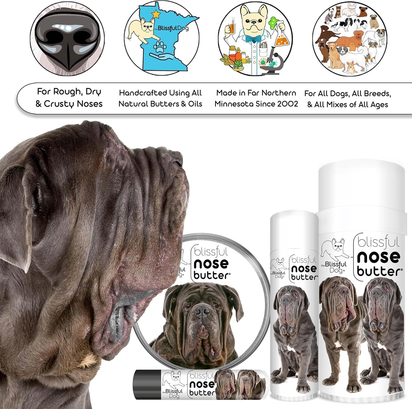 The Blissful Dog Neapolitan Mastiff Nose Butter for Dry, Cracked Skin, Lick-Safe Dog Nose Balm with Moisturizing Shea Butter, Almond, Olive, and Essential Oils, Pet Supplies, Uncented, 4 oz.