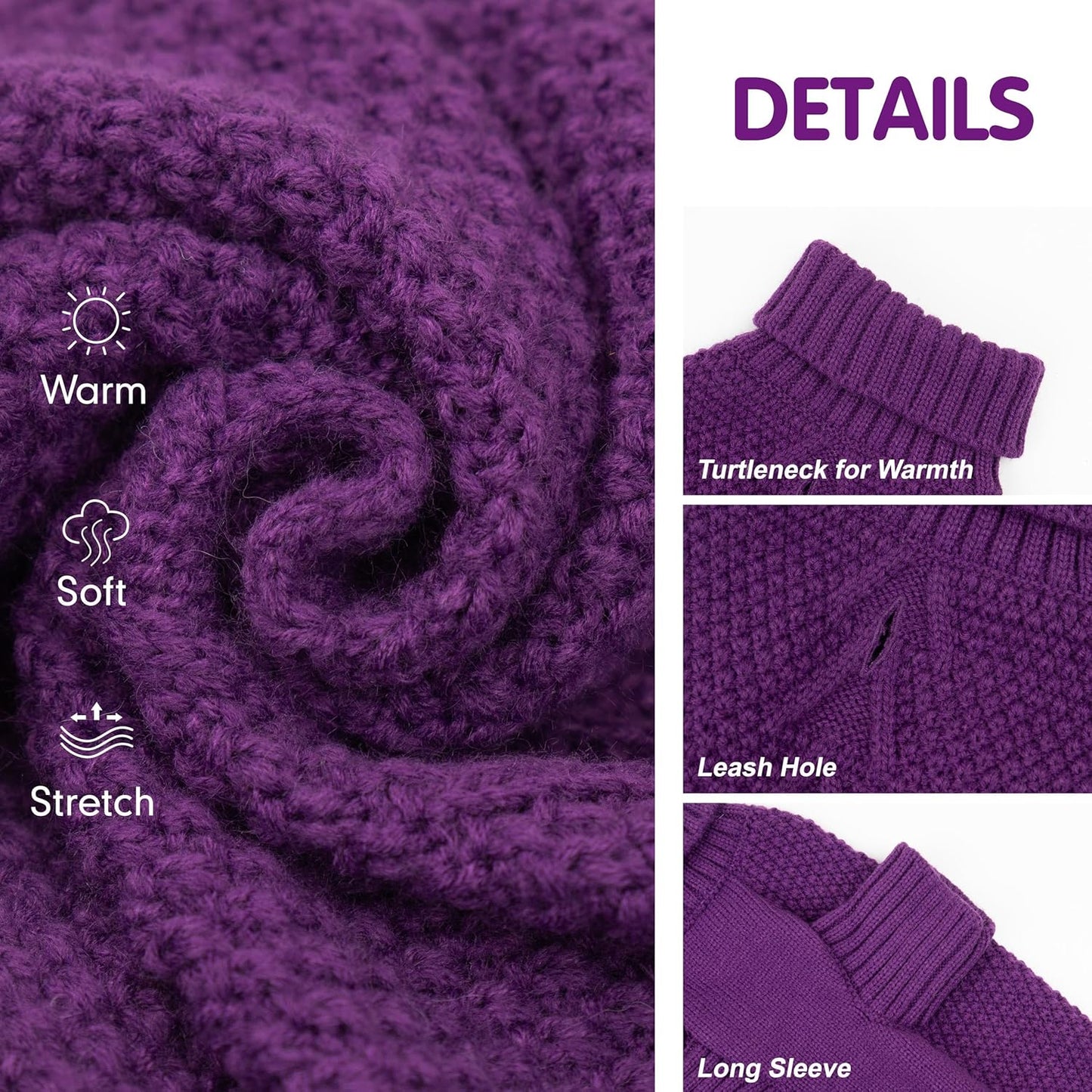 cyeollo Dog Sweater Pullover Turtleneck for Dogs, Classic Knitwear Fall Winter Cold Weather Dog Clothes Warm Pet Apparel Small Dogs Sweaters, Purple L