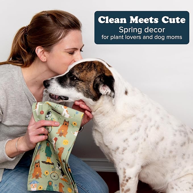 Dog Kitchen Towels for Plant Lovers - Gardening Gifts for Women & Dog Lovers - Dish Towels Dog Mom Gifts for Gardeners 2-Pack (Spring Pups)