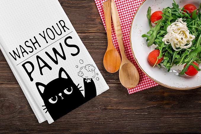 QIYUHOY Black Cat Kitchen Towels and Dishcloths,Wash Your Paws,Cat Theme Dish Towels Gifts for Cat Lovers,Hand Towels for Kitchen,24x16 Inch (White)