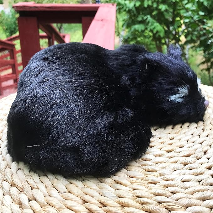 Realistic Furry Sleeping Cat Figurine Simulation Kitty Lifelike Kitten Home Office Shelf Decorative Statue, Synthetic Fur Pet Replica (Black)