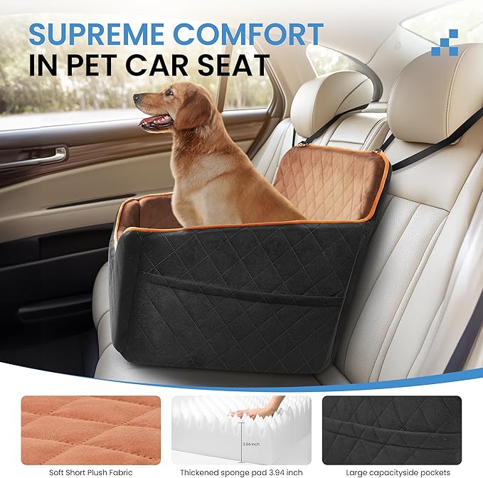 Dog Car Seat for Medium Dogs - Pet Car Seat with 2 Safety Straps & Waterproof Padding, Portable Pet Carrier for Cars, Trucks & SUVs, Comfortable Booster Bed for Pets Up to 55lbs (Black/Coffee)