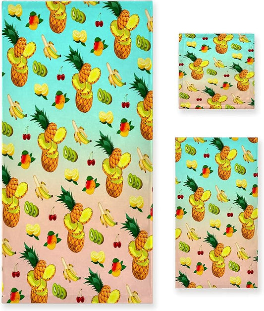 Gaming 3 Piece Towel Bathroom Sets, 1 Bath Towel, 1 Washcloth, 1 Hand Towel, Cotton Fast Dry Soft Absorbent Towel Set for Home Kitchen Family (Summer Fruits)