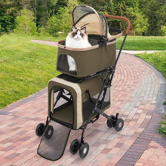 Double Pet Stroller with Detachable Carriers, Large Cat & Dog Stroller with 4 Wheels, Foldable Pet Strollers Small & Medium Dogs Cats 77lbs (Dark Green)