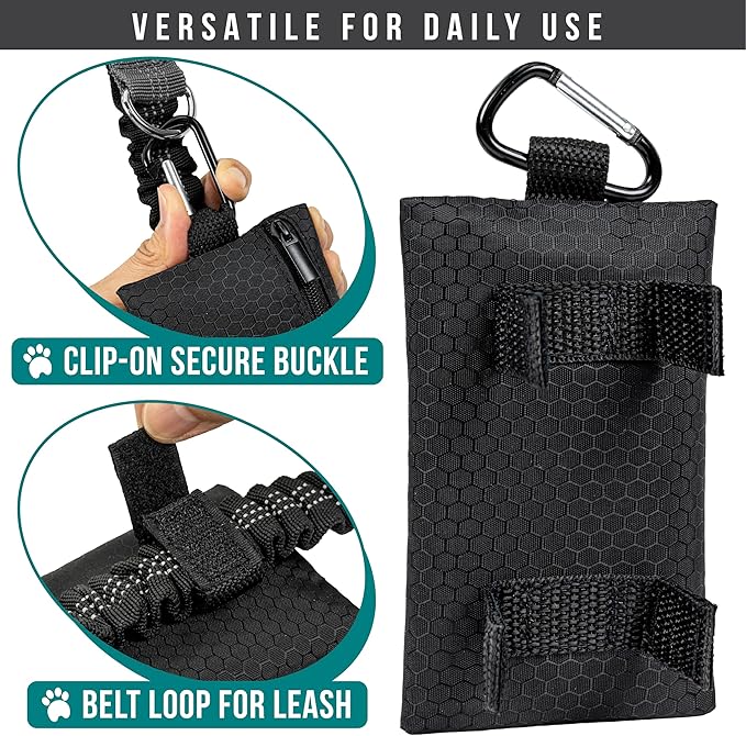 PetAmi Dog Poop Bag Holder for Leash, Dog Poop Bag Dispenser with Clip, Dog Waste Bag Holder for Pet, Dog Treat Pouch, Doggy Walking Camping Accessories with Trash Bag Roll, Black 1 Pack