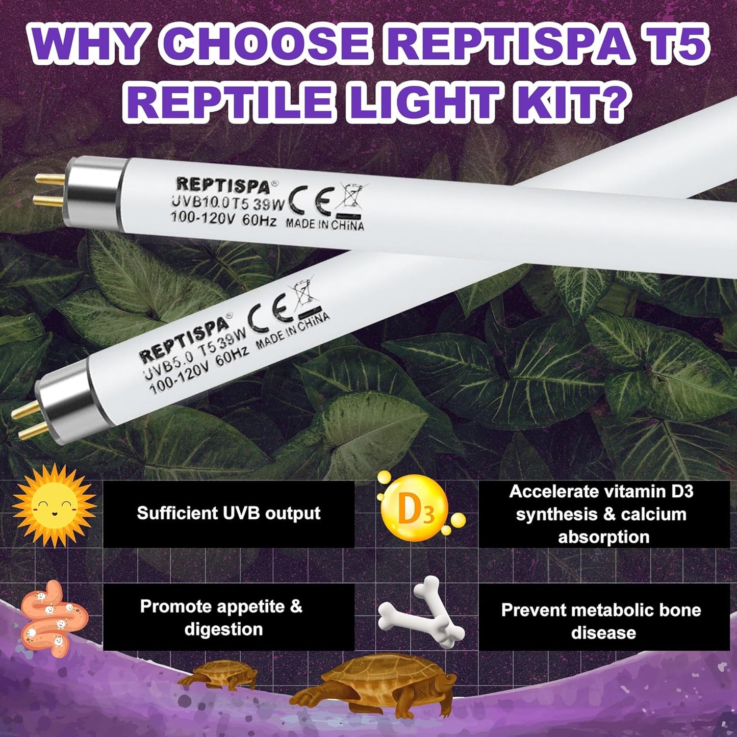 10.0 UVB Light for Reptiles, T5 HO 39 Watt Reptile Lamp Tube, Pack of 2 Fluorescent UVB Bulb, Basking Light for Bearded Dragon, Simulate Natural Sunlight for Reptiles and Amphibians