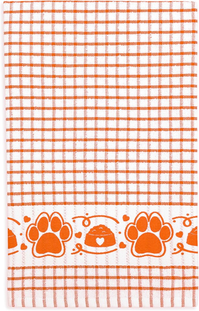 Cackleberry Home Paw Prints Terrycloth Kitchen Towels Windowpane Check Fabric, Set of 4 (Orange)