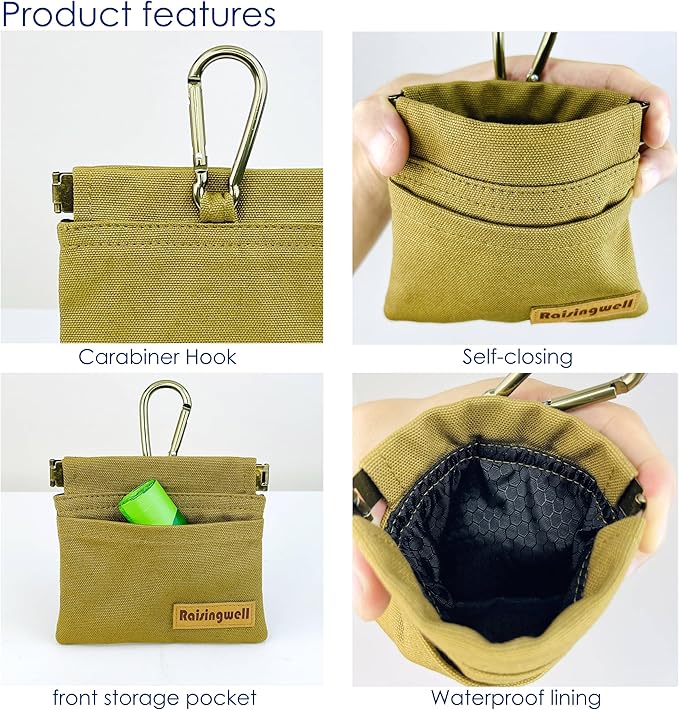 Dog Treat Pouch, Brown Pocket Sized Pet Training Pouch, Cotton Fabric, Hand Free Dog Walking Bag with Carabiner, Self-Closing Pet Feed Snack Reward, for Puppy Travel or Outdoor Use