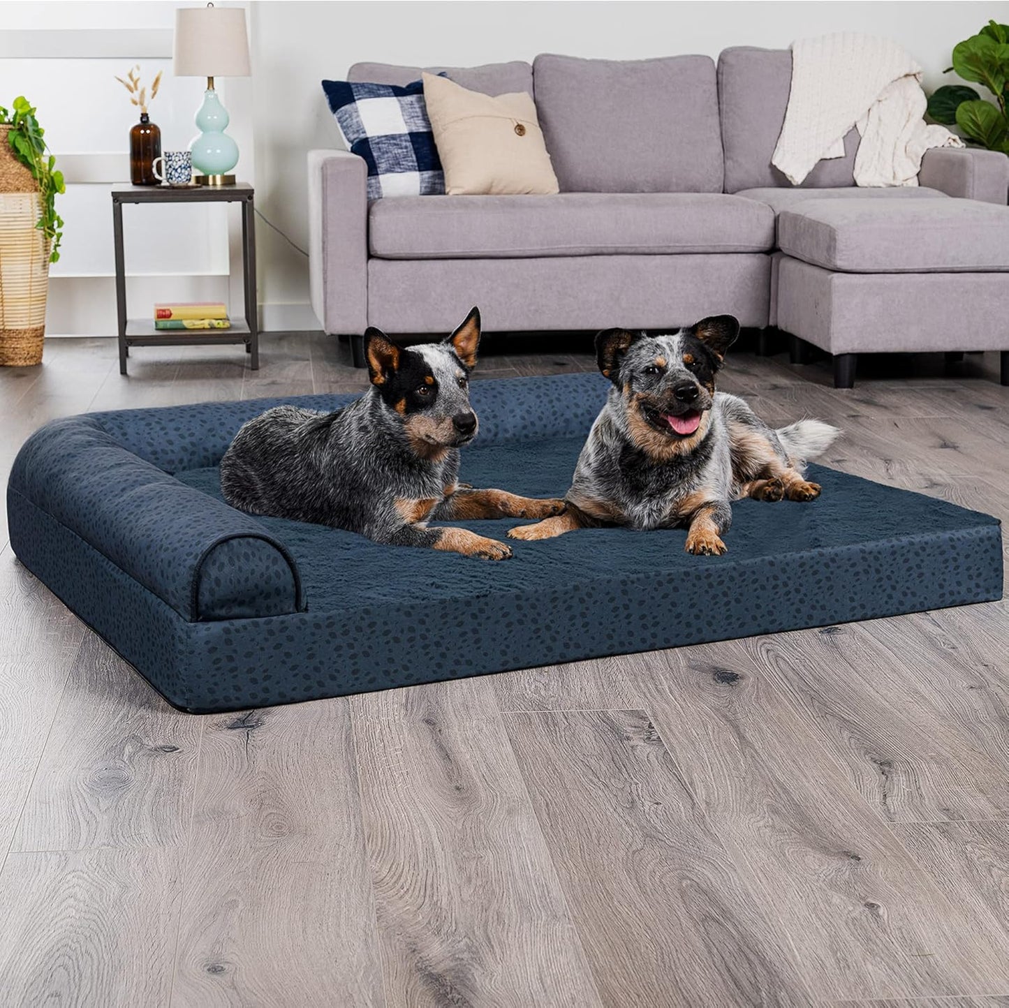 Furhaven Cooling Gel Dog Bed for Large Dogs w/ Removable Bolsters & Washable Cover, For Dogs Up to 125 lbs - Plush & Almond Print L Shaped Chaise - Blue Almonds, Jumbo Plus/XXL