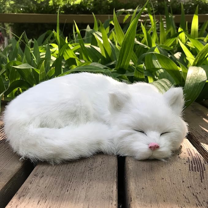 Realistic Furry Sleeping Cat Figurine Simulation Kitty Lifelike Kitten Home Office Shelf Decorative Statue, Synthetic Fur Pet Replica (White)