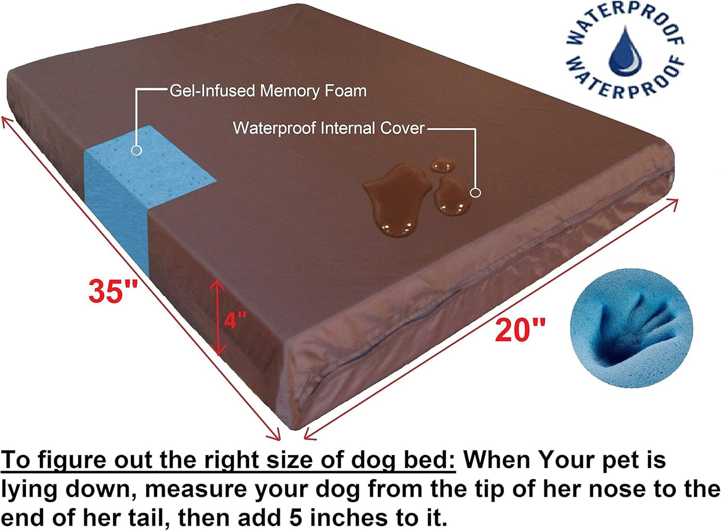 Dogbed4less Orthopedic Small Medium Gel Memory Foam Pet Bed with Washable Denim Cover, Waterproof Liner and Extra External Case 35X20X4 Inch